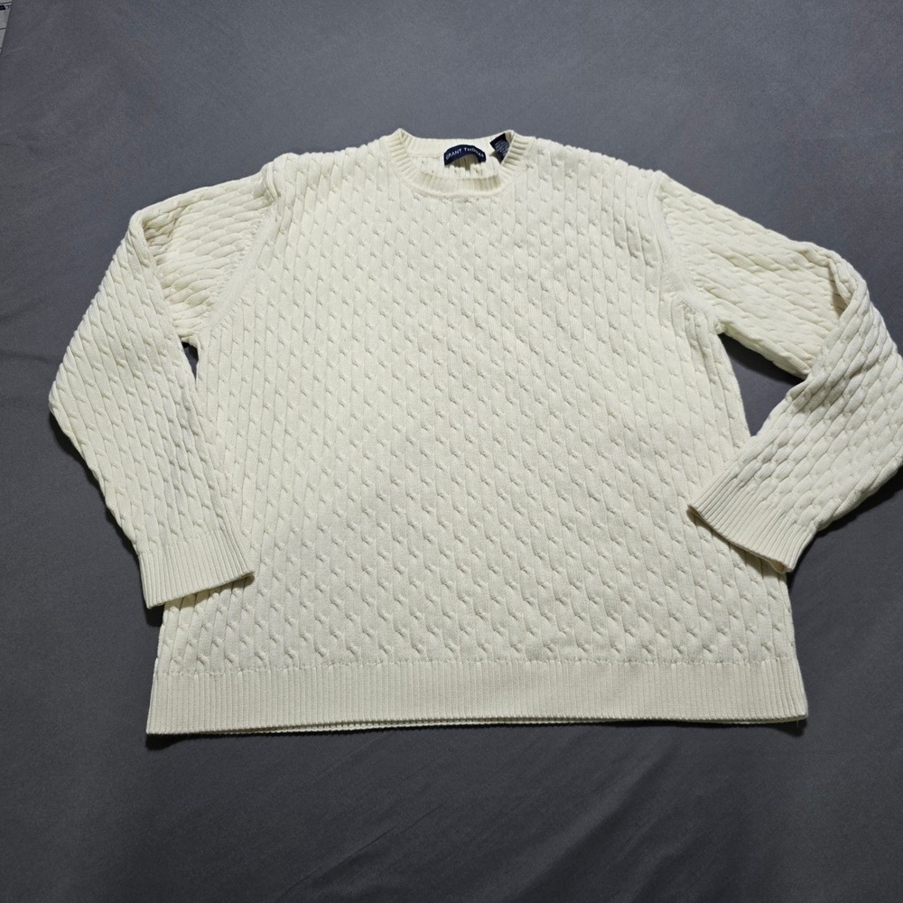 Grant Thomas Cable Knit Sweater Mens XL Cream 100% Pima Cotton Crewneck Pullover
